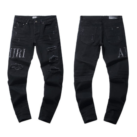 Black Denim Jeans with Silver AMIRI Logo and Distressing